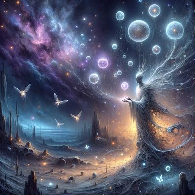 The primary subject of the image is a ghostly figure, possibly a wizard or a fairy, standing in a dark, starry sky. The setting is a desolate, barren landscape with a few small, glowing orbs scattered throughout the scene. The visual style is a digital art or illustration, with a mood that is both eerie and captivating. The dominant colors are dark shades, such as black, purple, and blue, with the glowing orbs adding a touch of